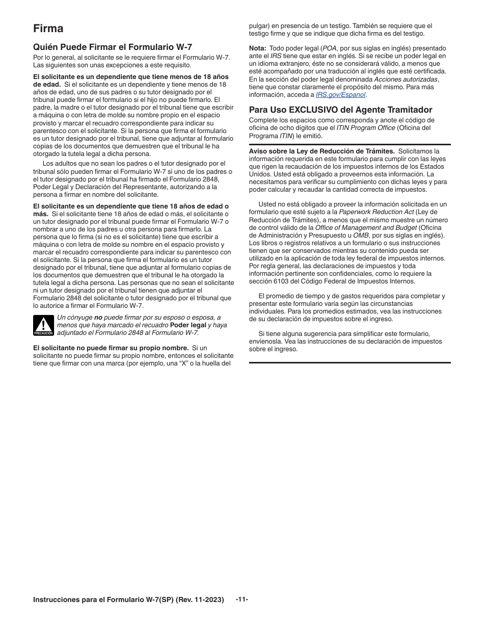 Instrucciones para IRS Formulario W-7 (SP) Solicitud De Numero De Identificacion Personal Del Contribuyente Del Servicio De Impuestos Internos (Spanish), Page 11
