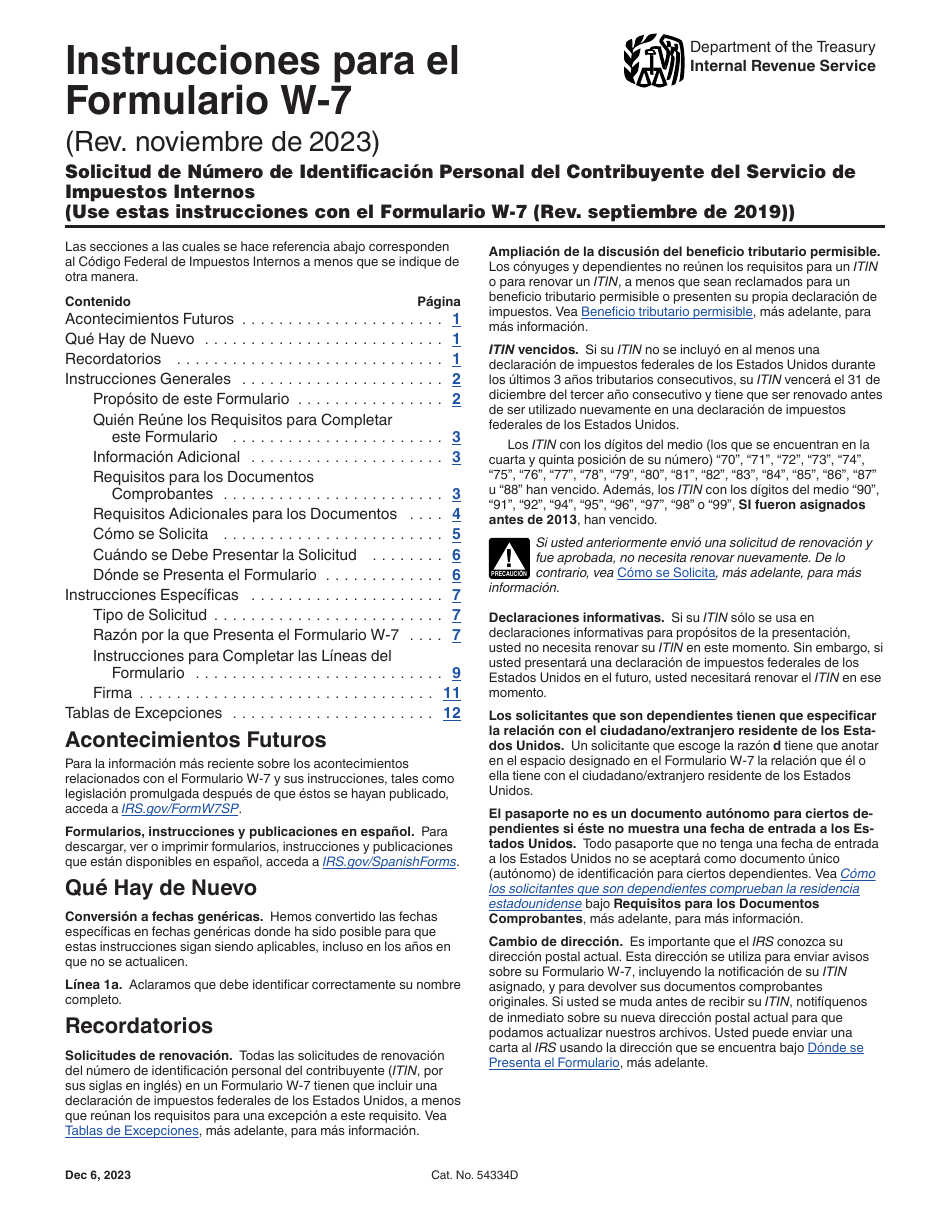 Instrucciones para IRS Formulario W-7 (SP) Solicitud De Numero De Identificacion Personal Del Contribuyente Del Servicio De Impuestos Internos (Spanish), Page 1