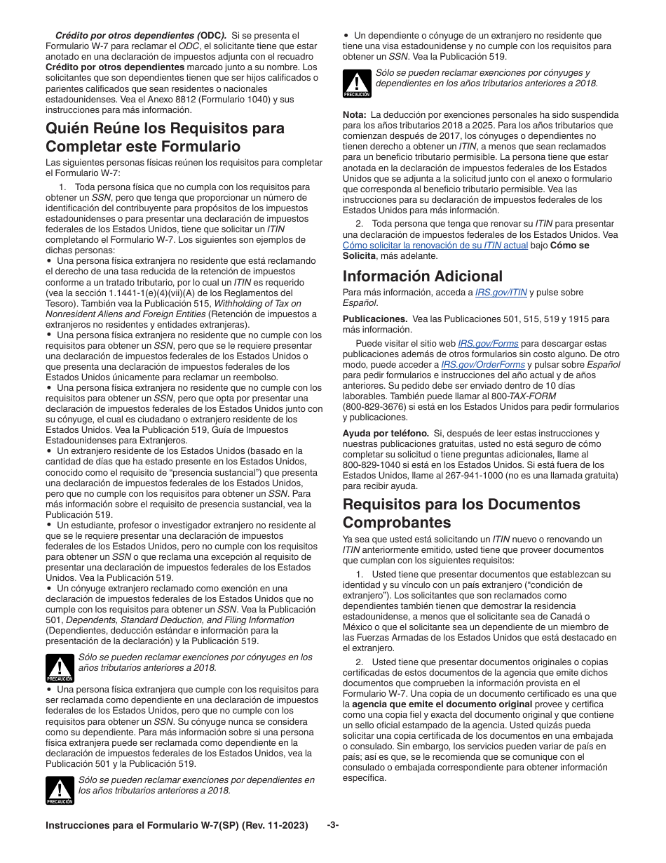 Instrucciones para IRS Formulario W-7 (SP) Solicitud De Numero De Identificacion Personal Del Contribuyente Del Servicio De Impuestos Internos (Spanish), Page 3