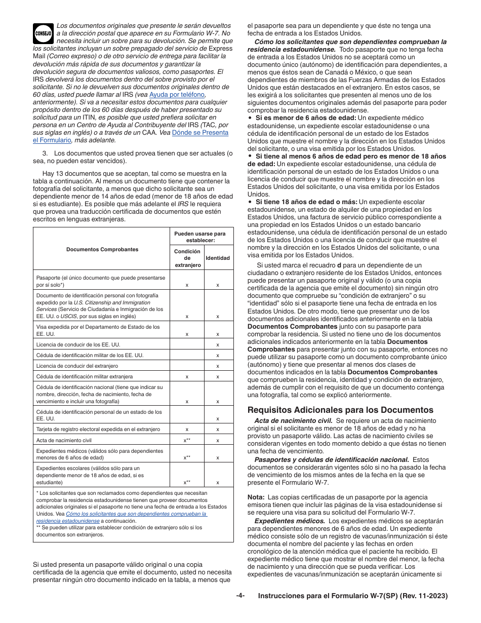 Instrucciones para IRS Formulario W-7 (SP) Solicitud De Numero De Identificacion Personal Del Contribuyente Del Servicio De Impuestos Internos (Spanish), Page 4