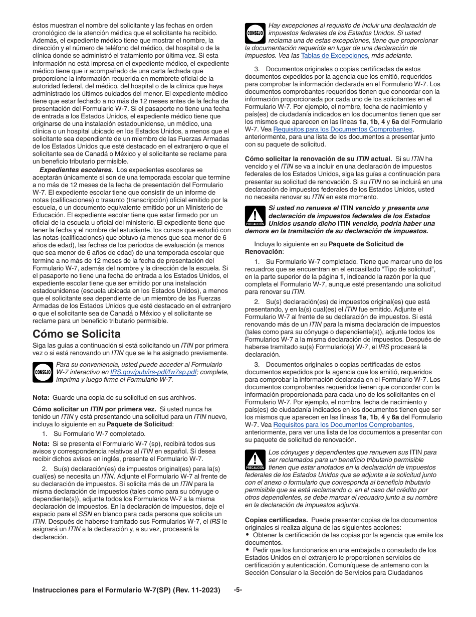 Instrucciones para IRS Formulario W-7 (SP) Solicitud De Numero De Identificacion Personal Del Contribuyente Del Servicio De Impuestos Internos (Spanish), Page 5