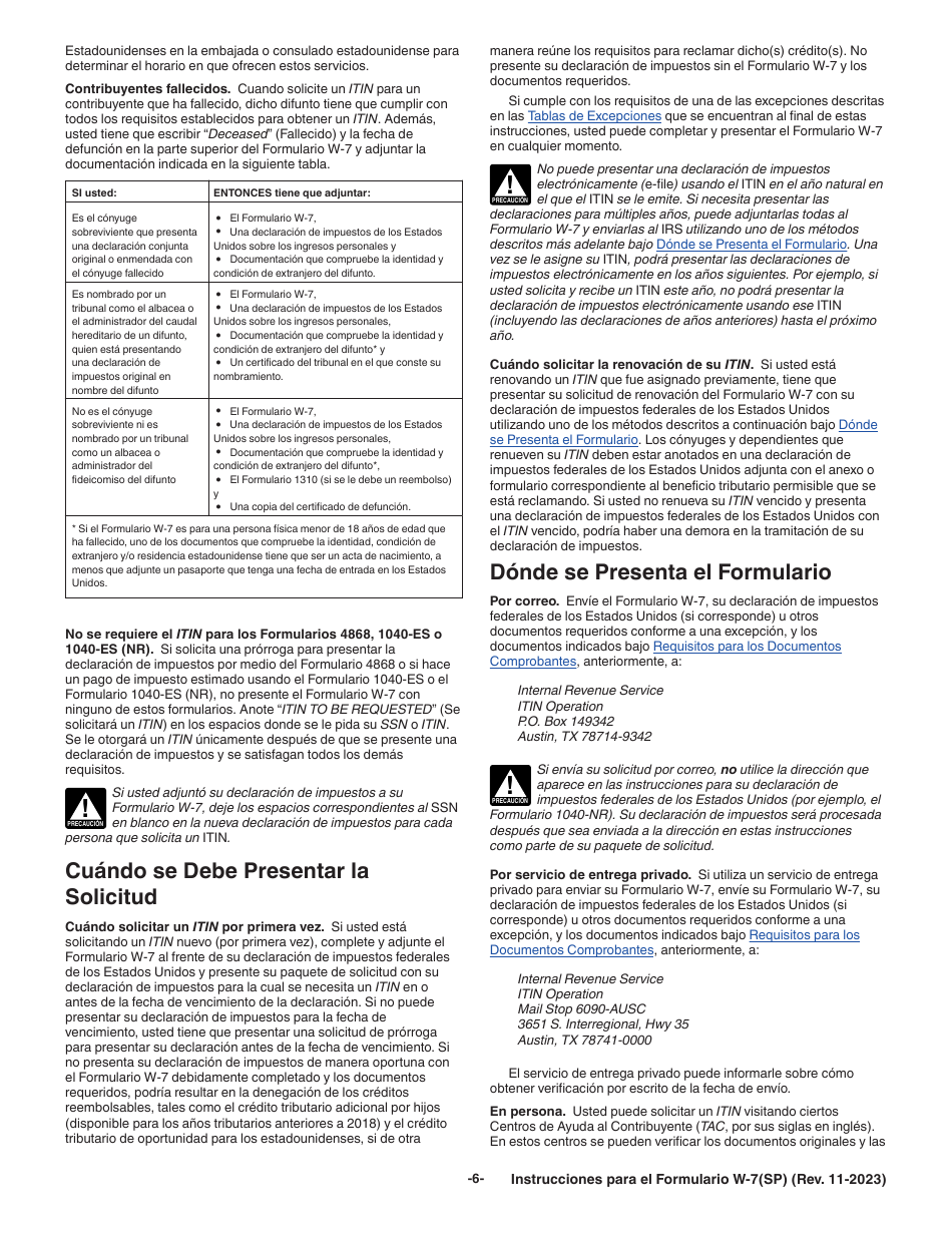 Instrucciones para IRS Formulario W-7 (SP) Solicitud De Numero De Identificacion Personal Del Contribuyente Del Servicio De Impuestos Internos (Spanish), Page 6