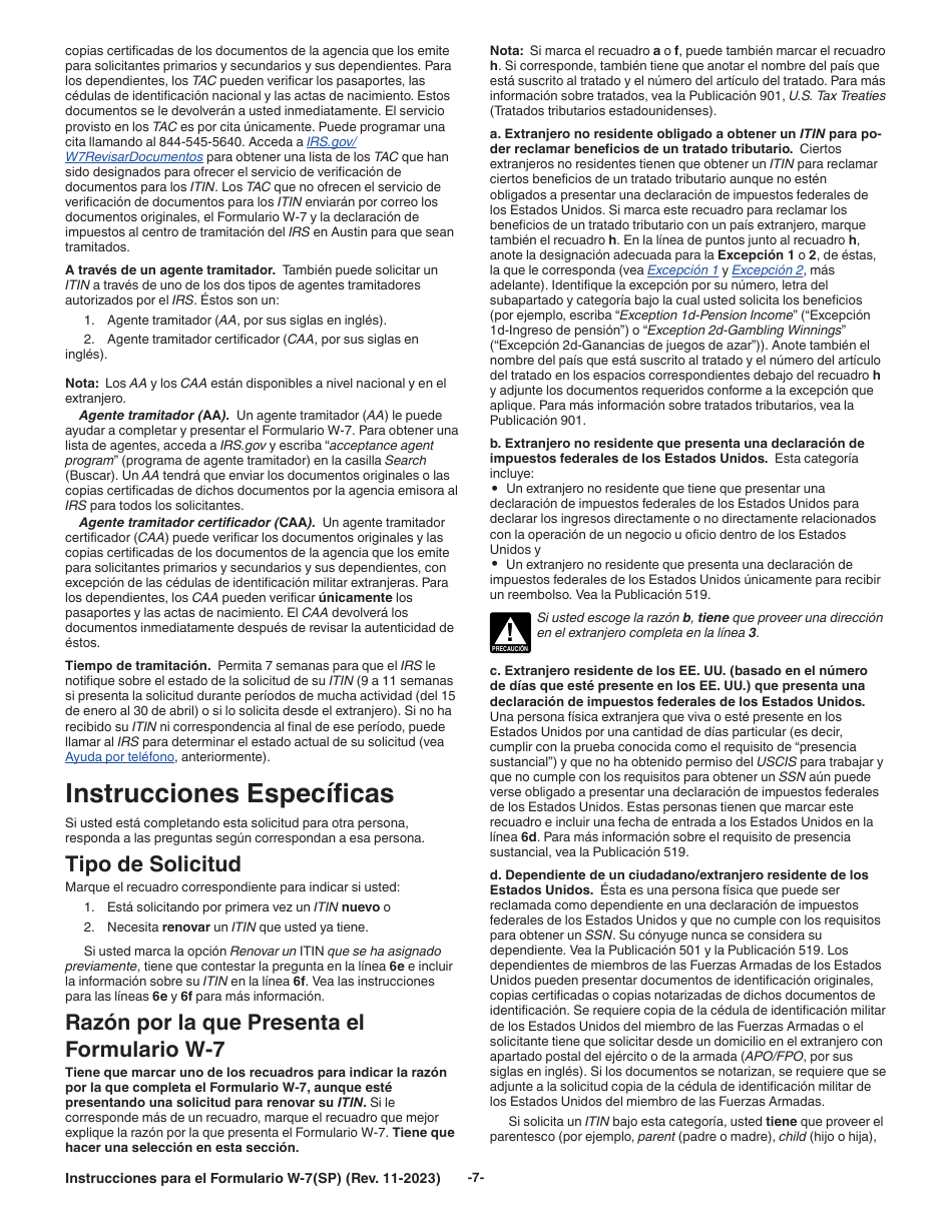 Instrucciones para IRS Formulario W-7 (SP) Solicitud De Numero De Identificacion Personal Del Contribuyente Del Servicio De Impuestos Internos (Spanish), Page 7