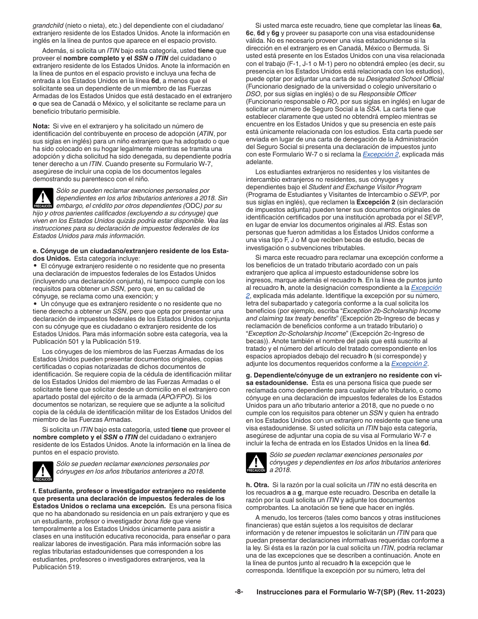 Instrucciones para IRS Formulario W-7 (SP) Solicitud De Numero De Identificacion Personal Del Contribuyente Del Servicio De Impuestos Internos (Spanish), Page 8