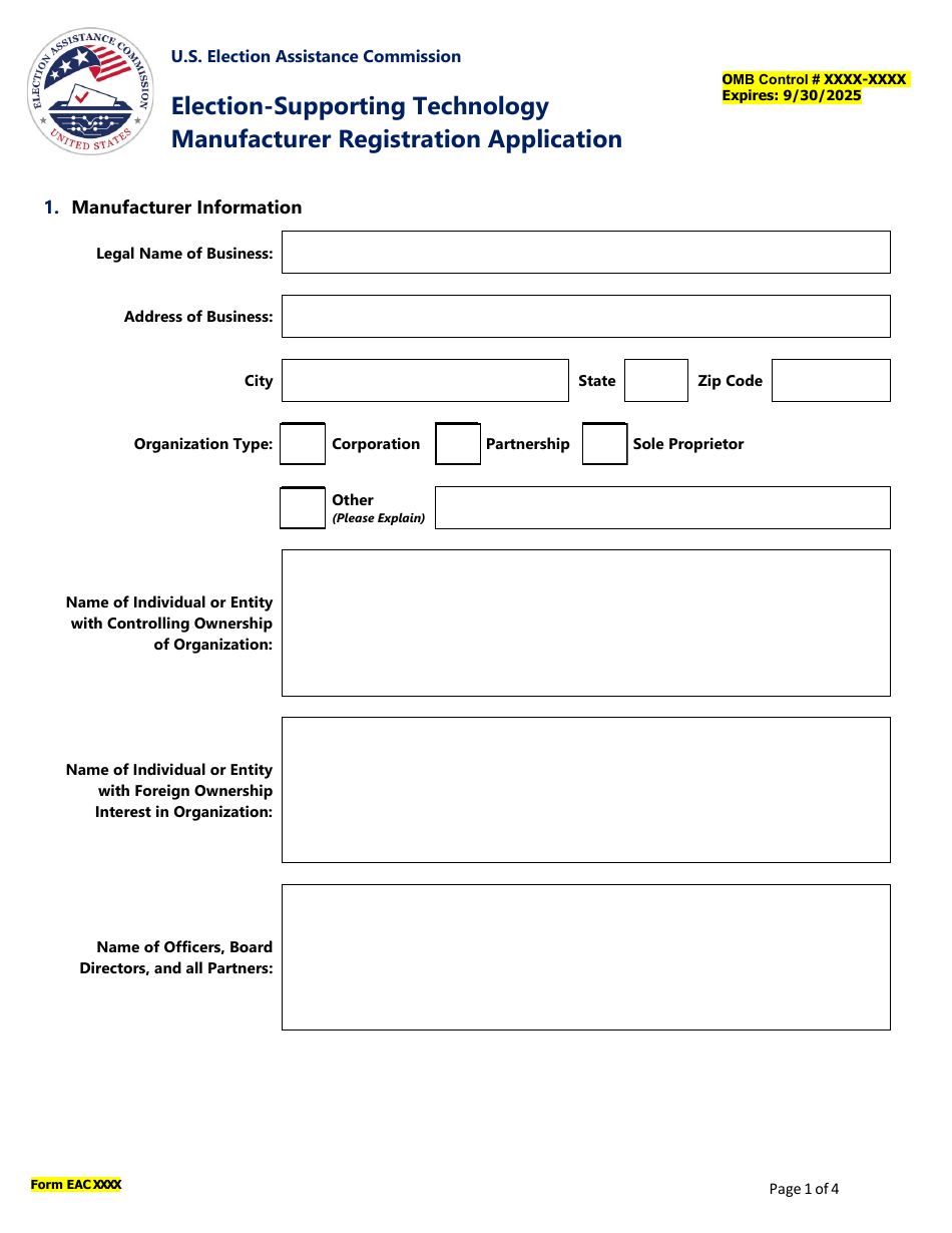 Election-Supporting Technology Manufacturer Registration Application, Page 1