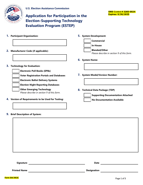 Form EAC002C Application for Participation in the Election-Supporting Technology Evaluation Program (Estep)
