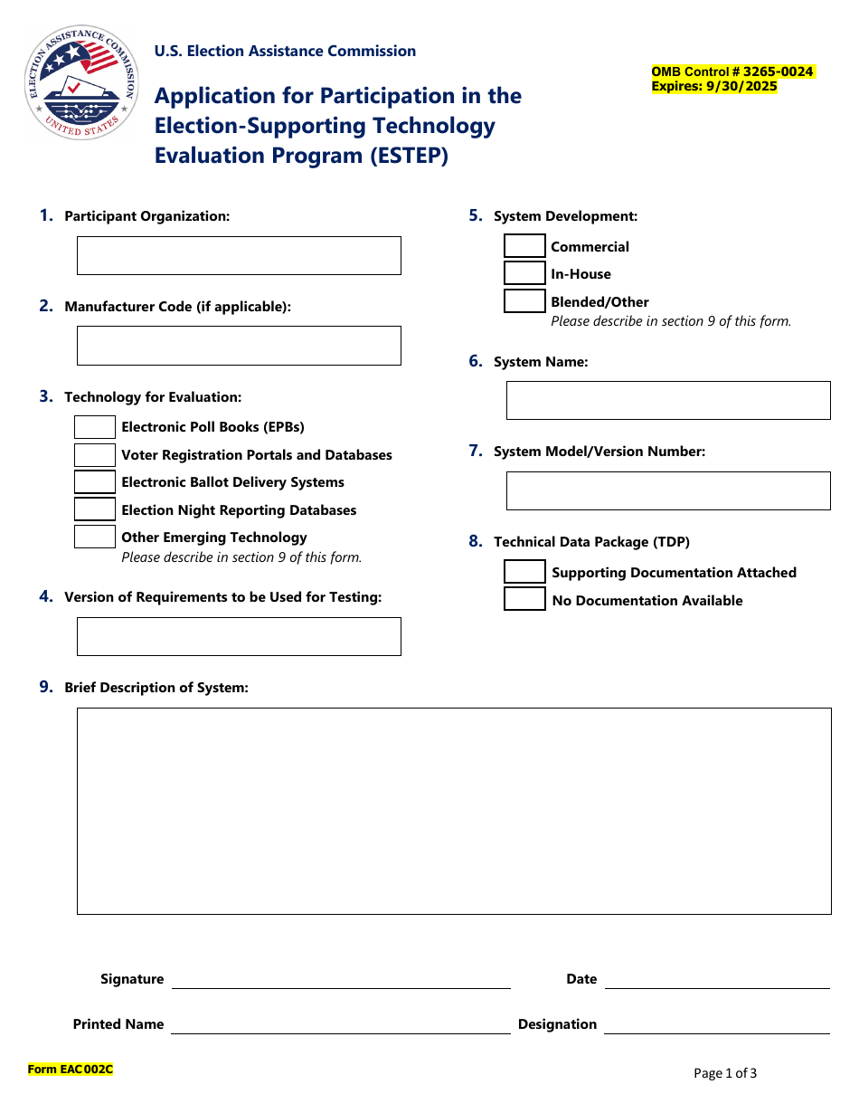Form EAC002C Application for Participation in the Election-Supporting Technology Evaluation Program (Estep), Page 1