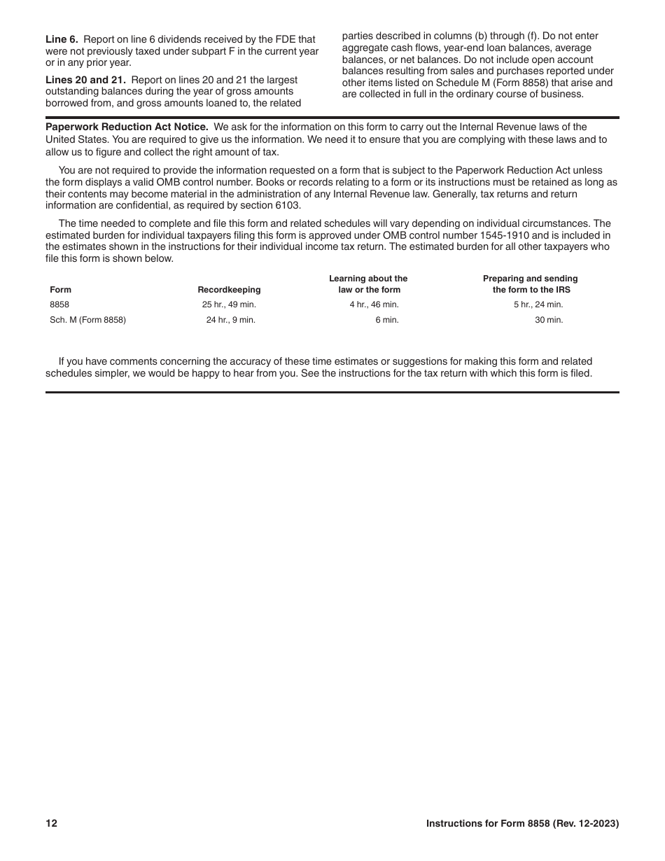 Instructions for IRS Form 8858 Information Return of U.S. Persons With Respect to Foreign Disregarded Entities (Fdes) and Foreign Branches (Fbs), Page 12