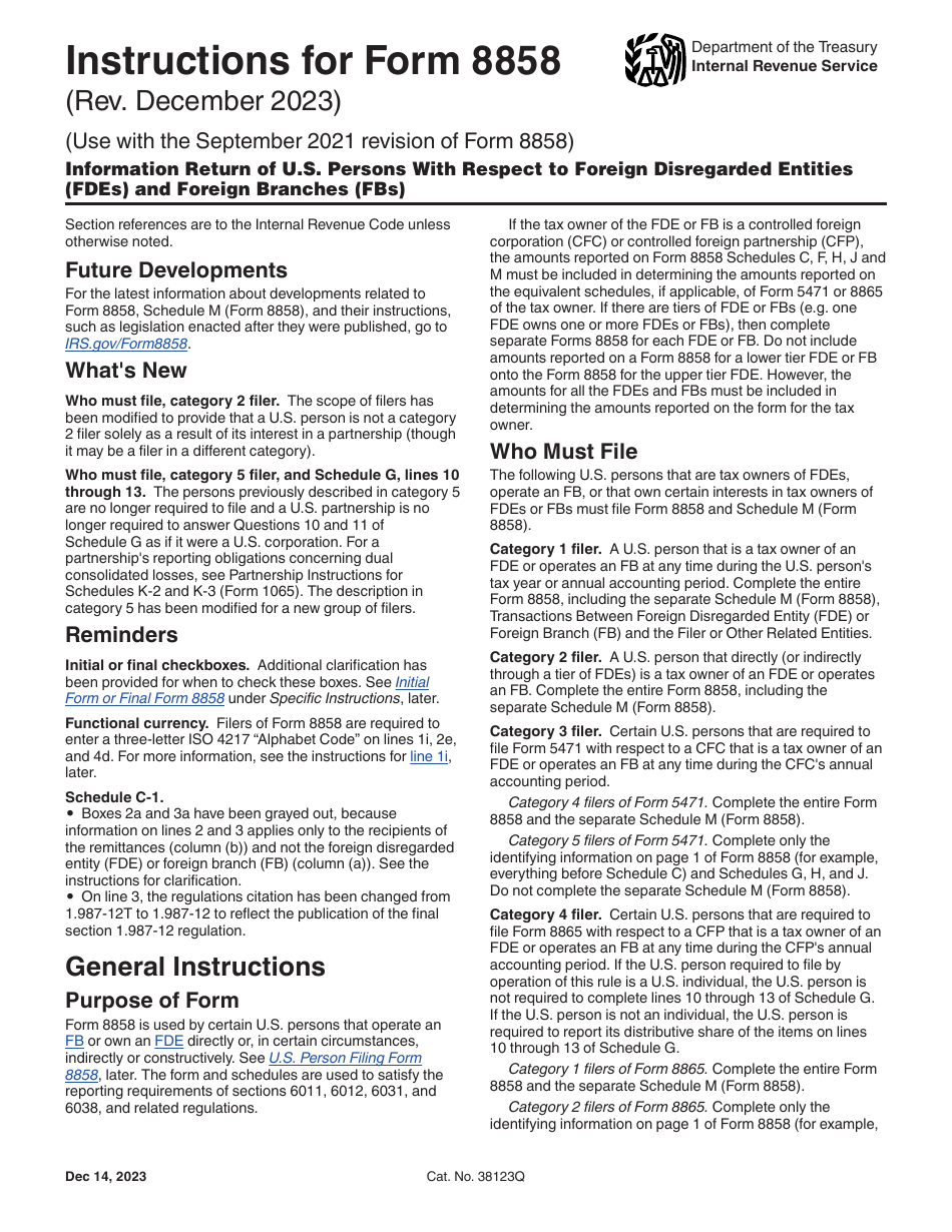 Instructions for IRS Form 8858 Information Return of U.S. Persons With Respect to Foreign Disregarded Entities (Fdes) and Foreign Branches (Fbs), Page 1