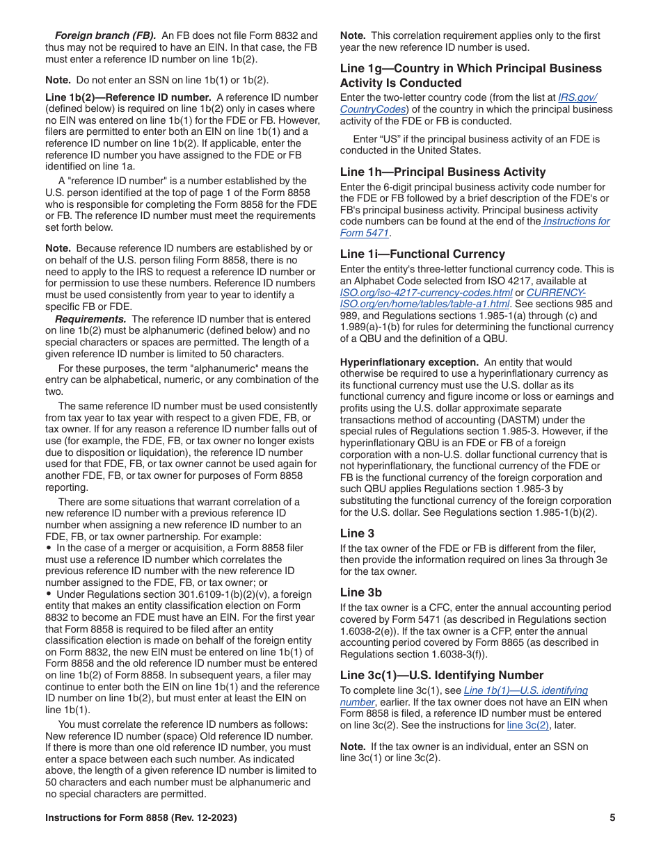 Instructions for IRS Form 8858 Information Return of U.S. Persons With Respect to Foreign Disregarded Entities (Fdes) and Foreign Branches (Fbs), Page 5