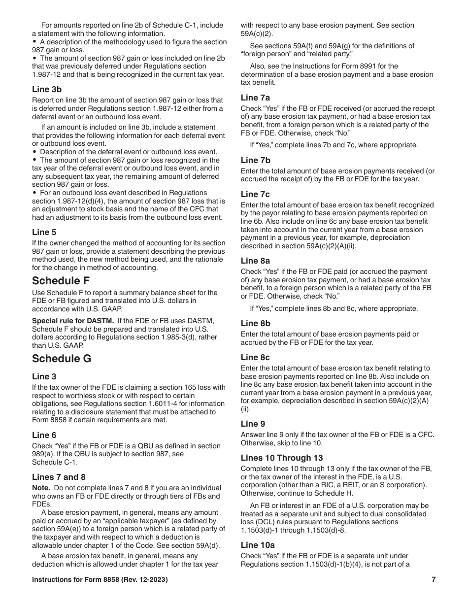 Instructions for IRS Form 8858 Information Return of U.S. Persons With Respect to Foreign Disregarded Entities (Fdes) and Foreign Branches (Fbs), Page 7