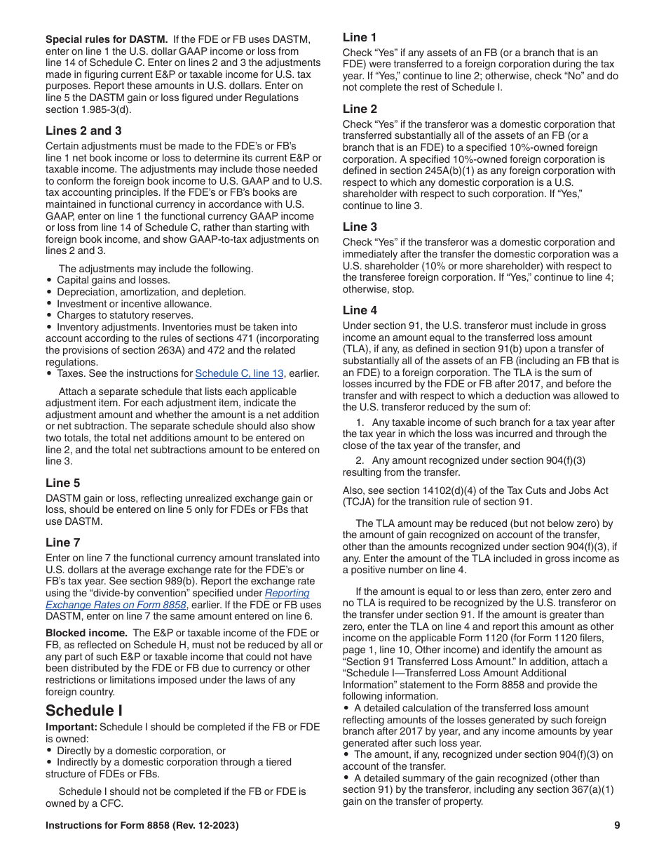 Instructions for IRS Form 8858 Information Return of U.S. Persons With Respect to Foreign Disregarded Entities (Fdes) and Foreign Branches (Fbs), Page 9