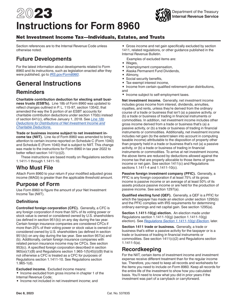 Instructions for IRS Form 8960 Net Investment Income Tax - Individuals, Estates, and Trusts, Page 1