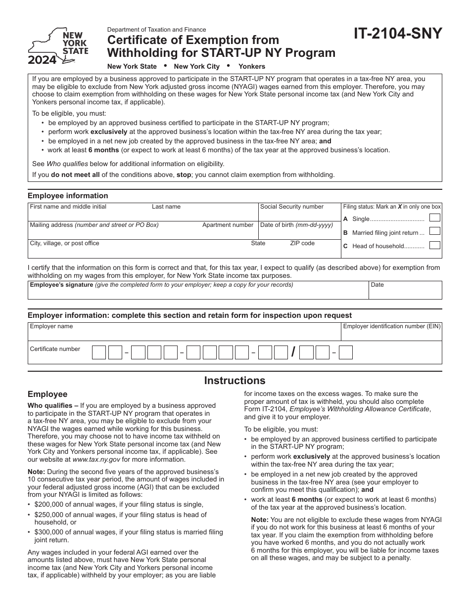 Form IT-2104-SNY Download Fillable PDF or Fill Online Certificate of ...