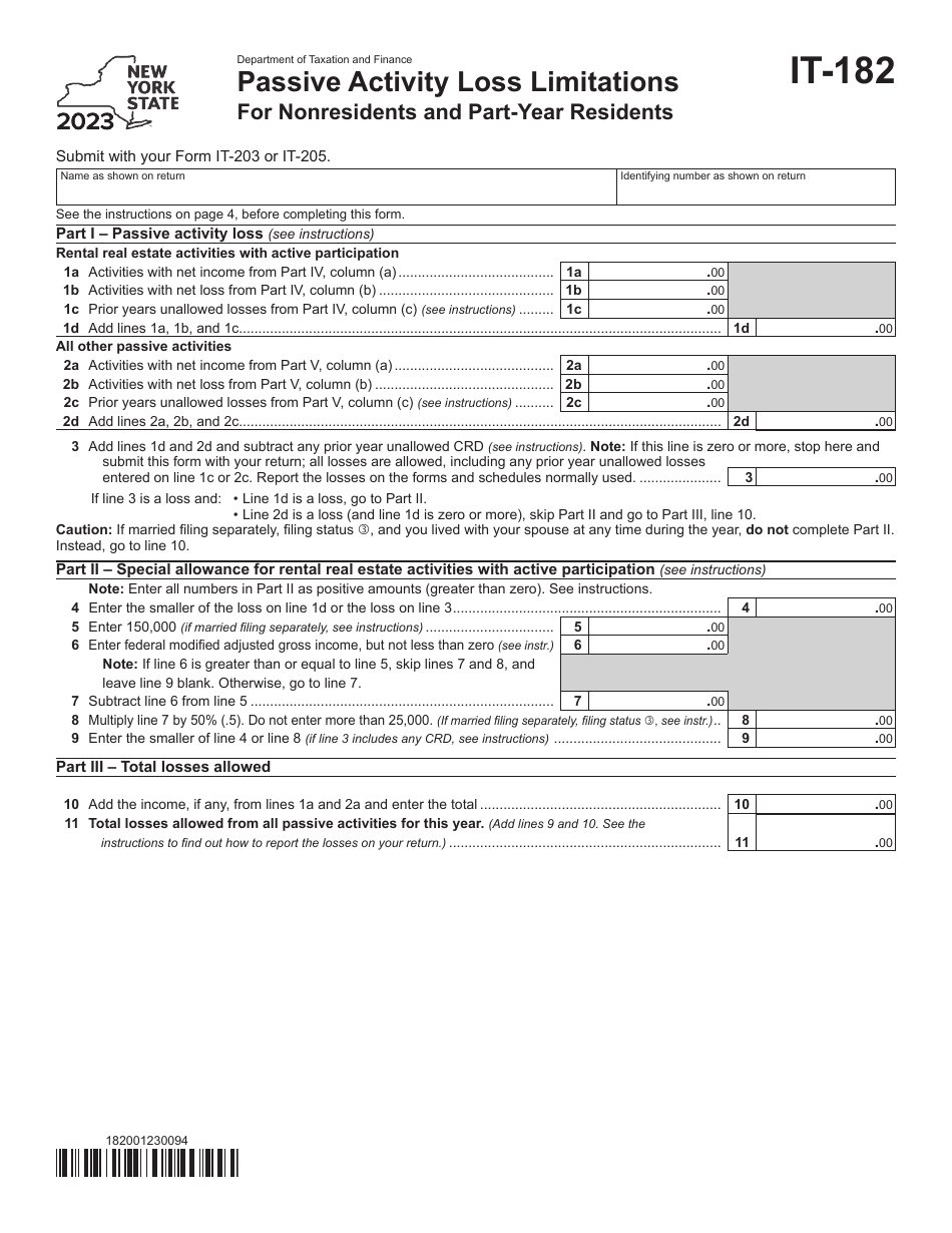 Form IT-182 Passive Activity Loss Limitations for Nonresidents and Part-Year Residents - New York, Page 1