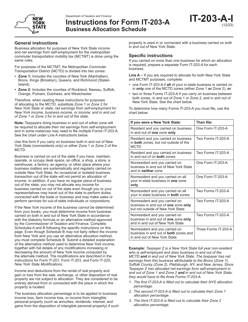 Instructions for Form IT-203-A Business Allocation Schedule - New York, Page 1