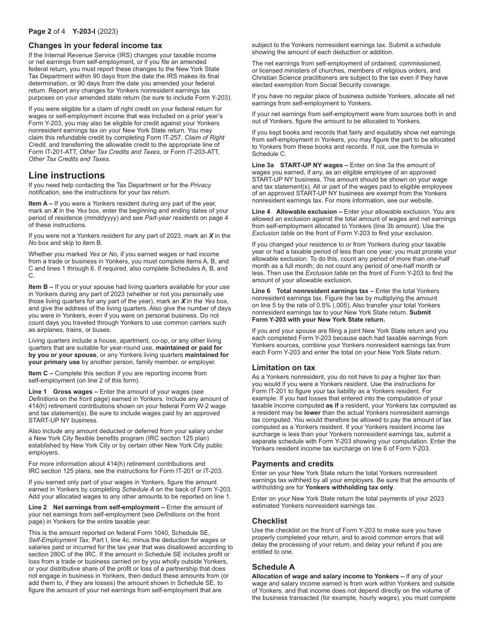 Instructions for Form Y-203 Yonkers Nonresident Earnings Tax Return - New York, Page 2