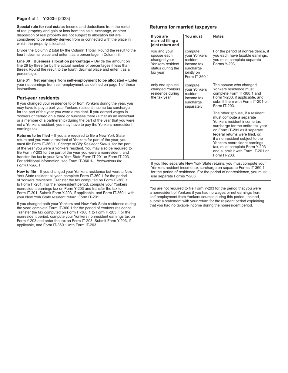 Instructions for Form Y-203 Yonkers Nonresident Earnings Tax Return - New York, Page 4