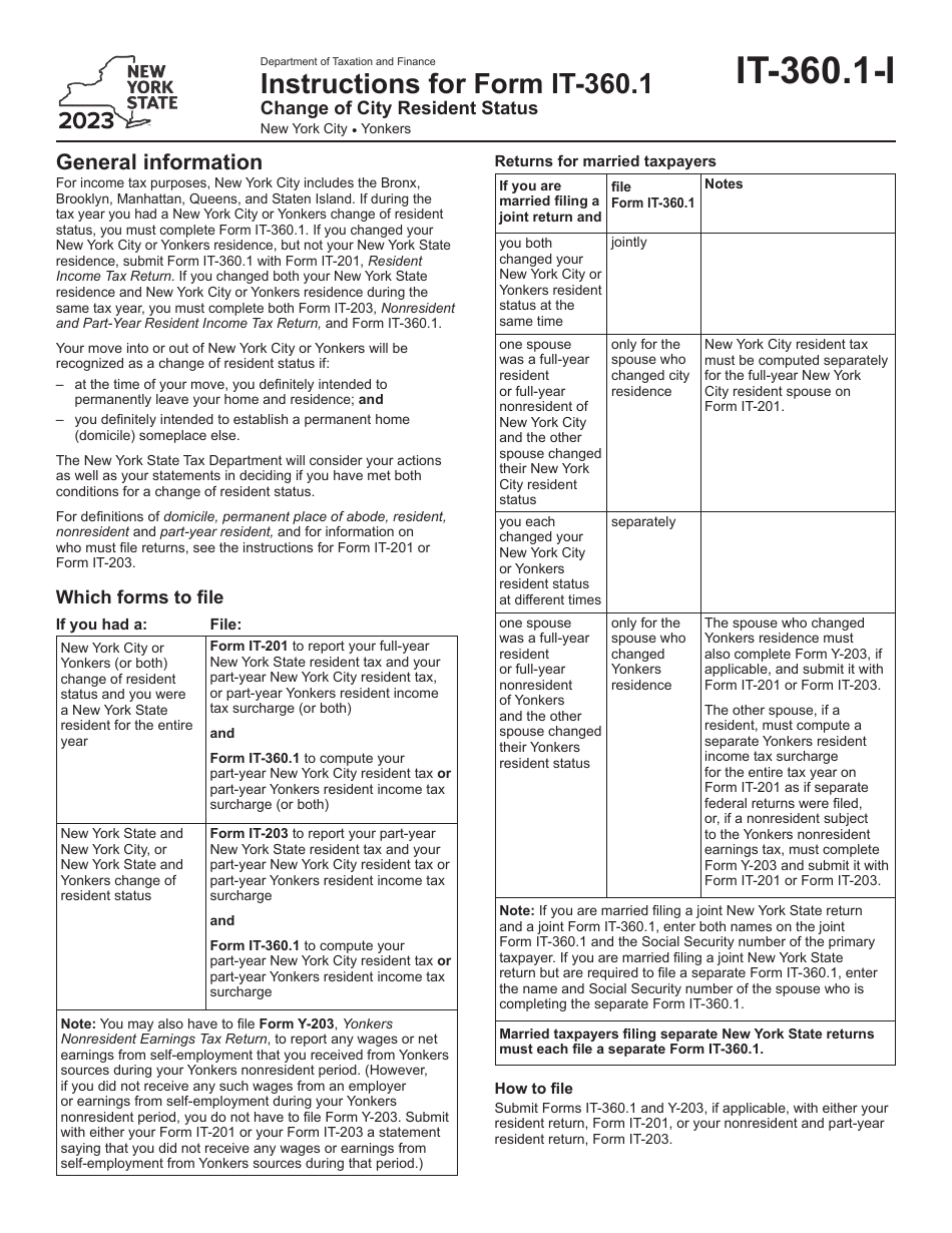Instructions for Form IT-360.1 Change of City Resident Status - New York, Page 1