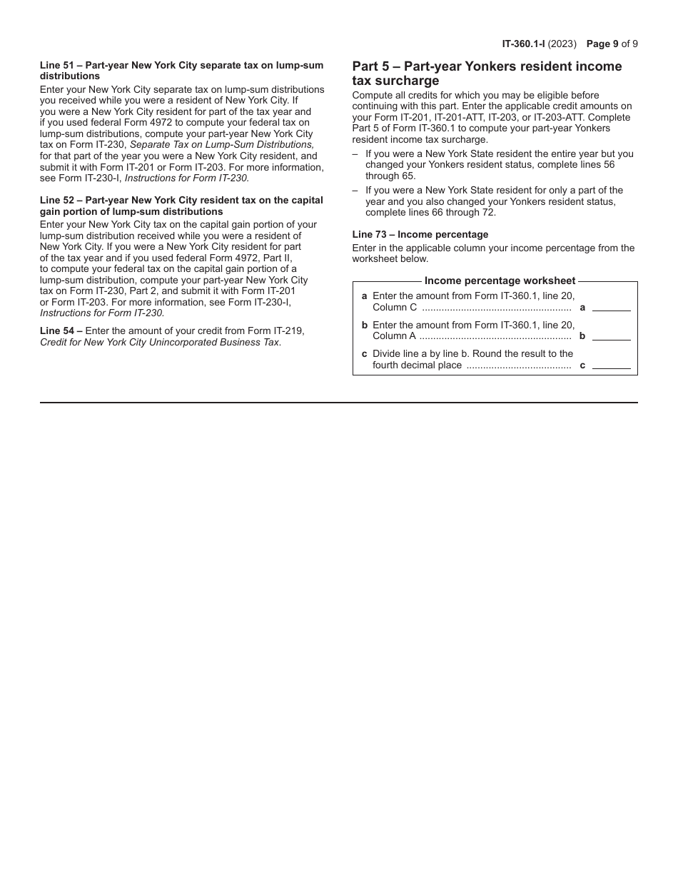 Instructions for Form IT-360.1 Change of City Resident Status - New York, Page 9