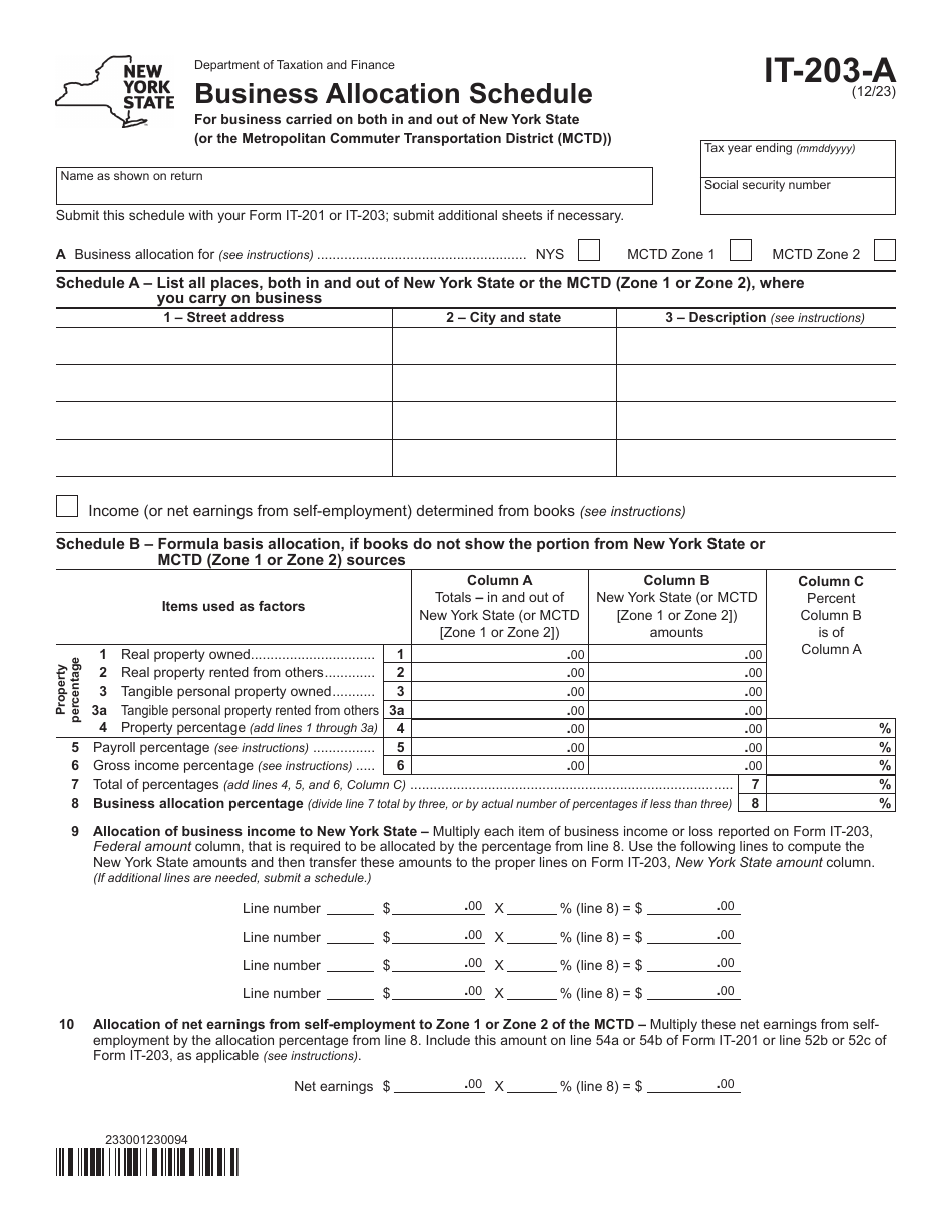 Form IT-203-A Business Allocation Schedule - New York, Page 1