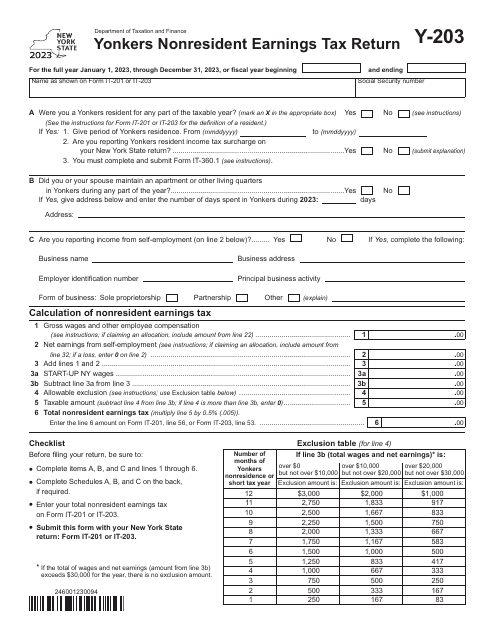 Form Y-203 Yonkers Nonresident Earnings Tax Return - New York, 2023