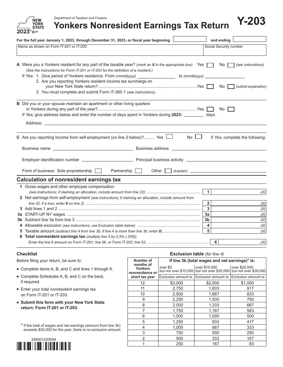 Form Y-203 Yonkers Nonresident Earnings Tax Return - New York, Page 1