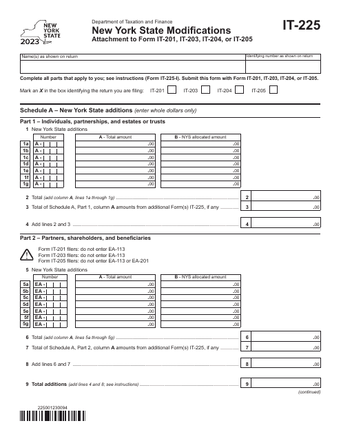 Form IT-225 New York State Modifications - New York, 2023
