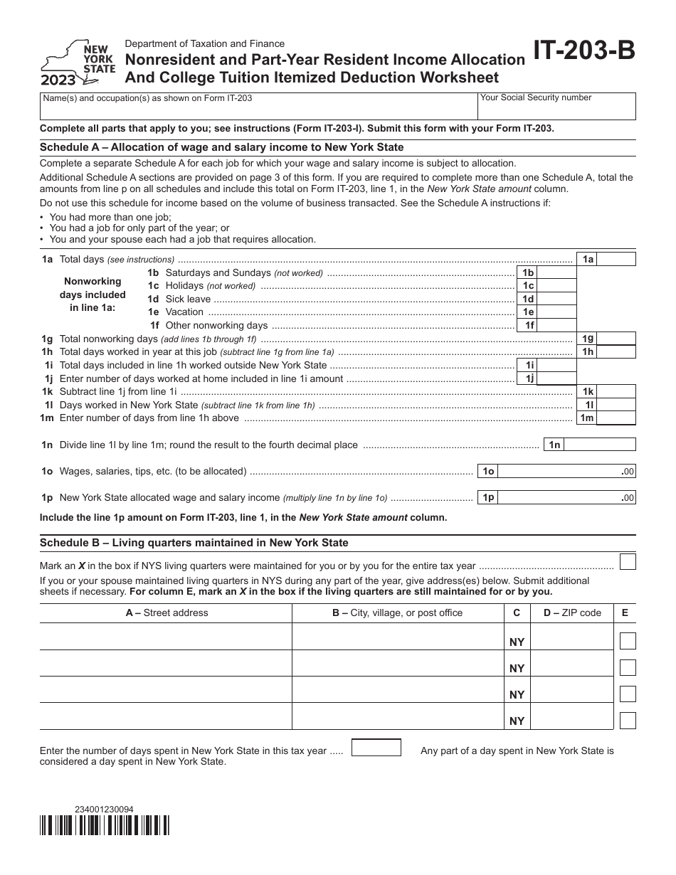 Form IT-203-B Download Fillable PDF Or Fill Online Nonresident And Part ...