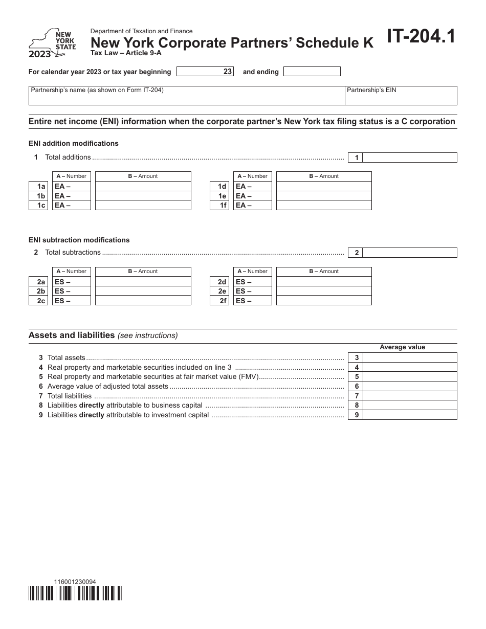 Form IT-204.1 Schedule K New York Corporate Partners Schedule - New York, Page 1