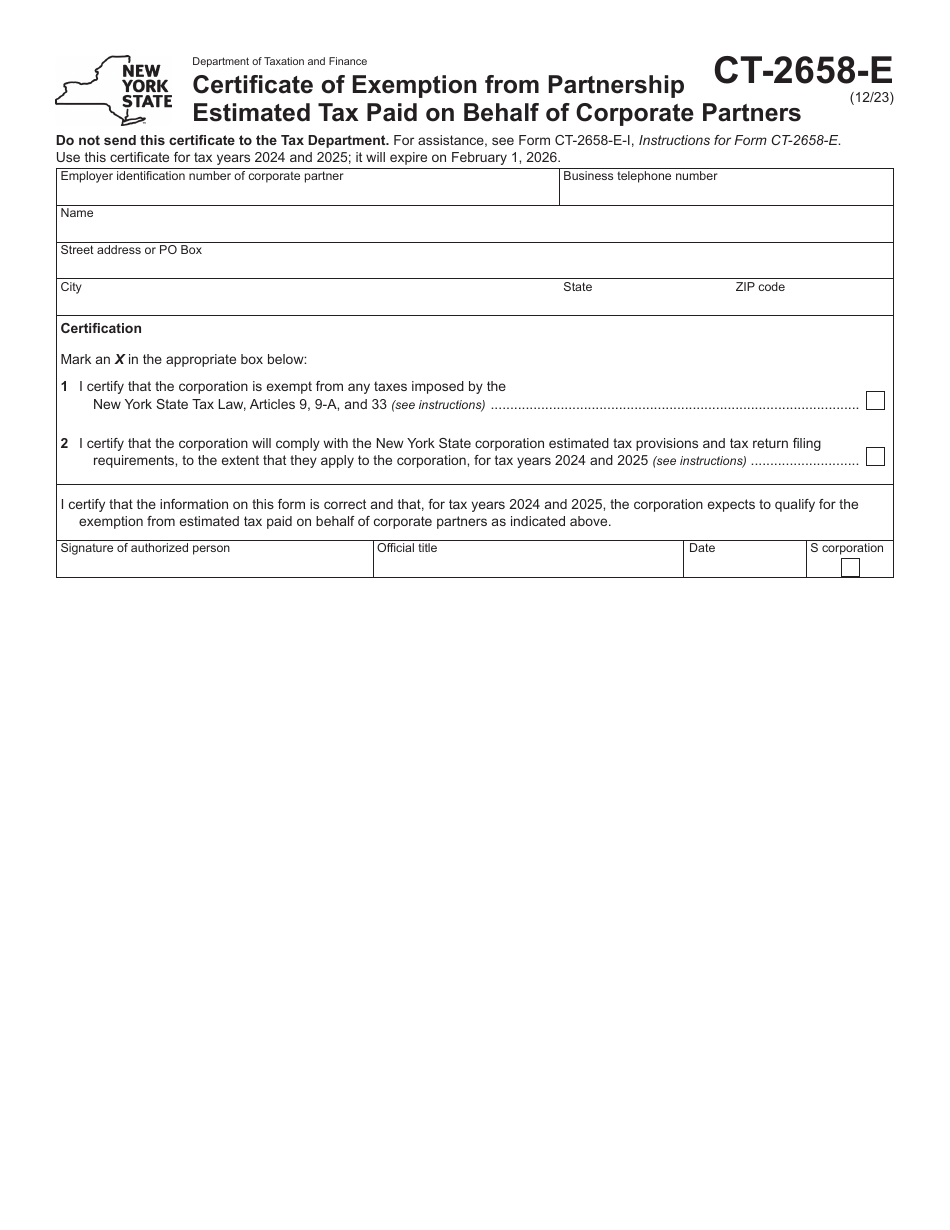 Form CT-2658-E Certificate of Exemption From Partnership Estimated Tax Paid on Behalf of Corporate Partners - New York, Page 1