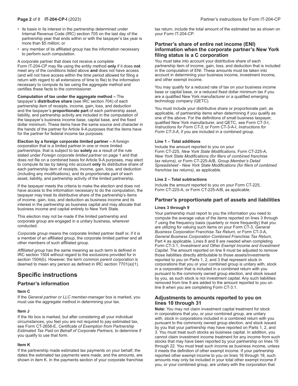 Instructions for Form IT-204-CP Schedule K-1 New York Corporate Partners Schedule - New York, Page 2