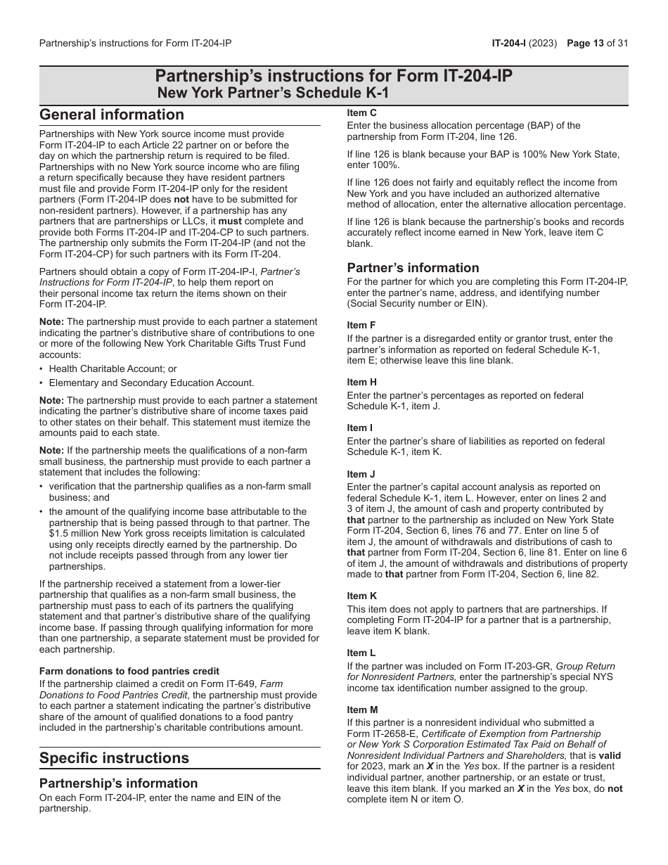 Instructions for Form IT-204, IT-204-IP, IT-204.1, IT-204-CP Schedule K-1 - New York, Page 13