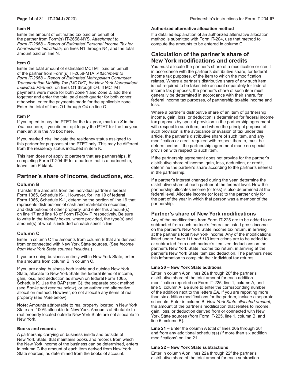 Instructions for Form IT-204, IT-204-IP, IT-204.1, IT-204-CP Schedule K-1 - New York, Page 14