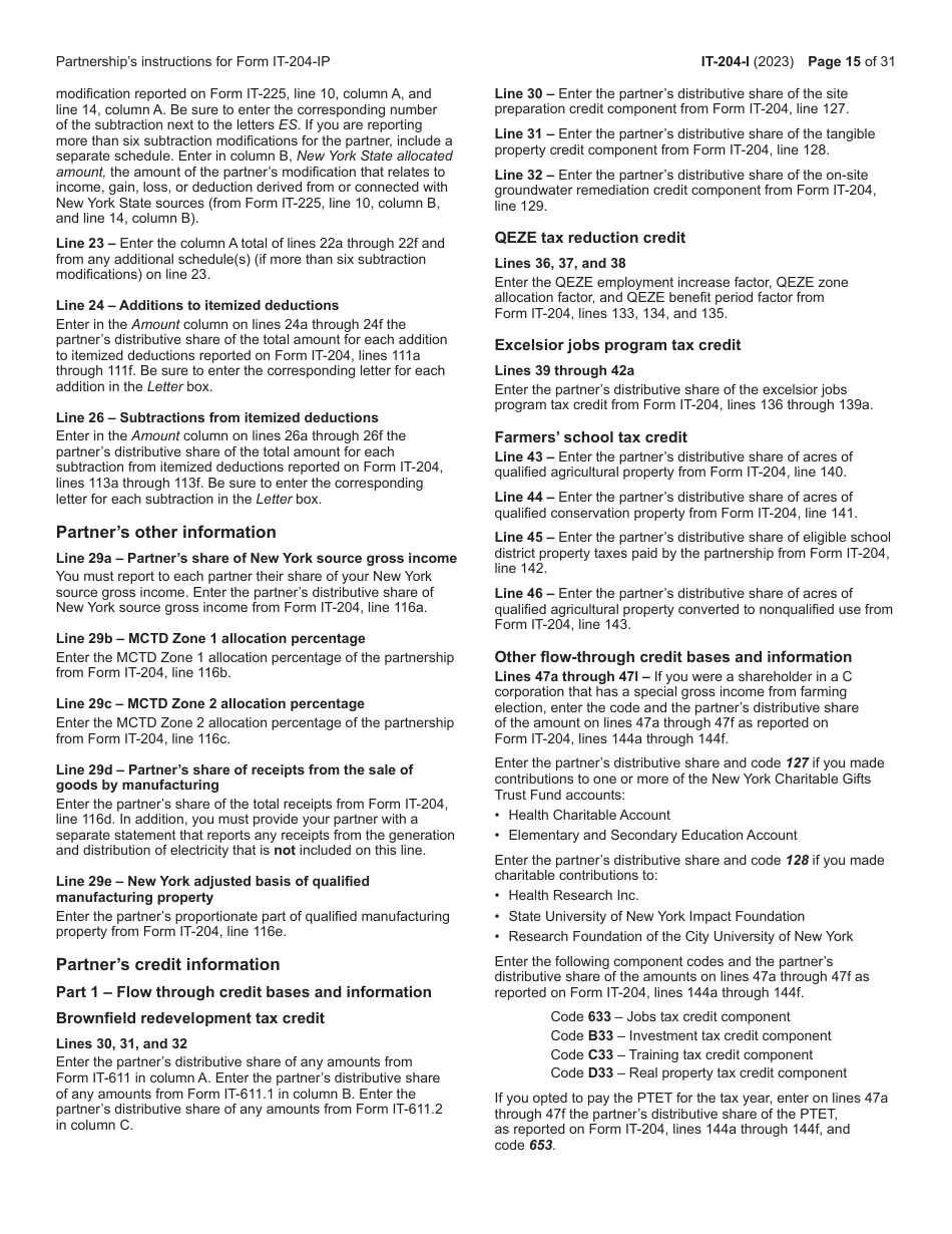 Instructions for Form IT-204, IT-204-IP, IT-204.1, IT-204-CP Schedule K-1 - New York, Page 15