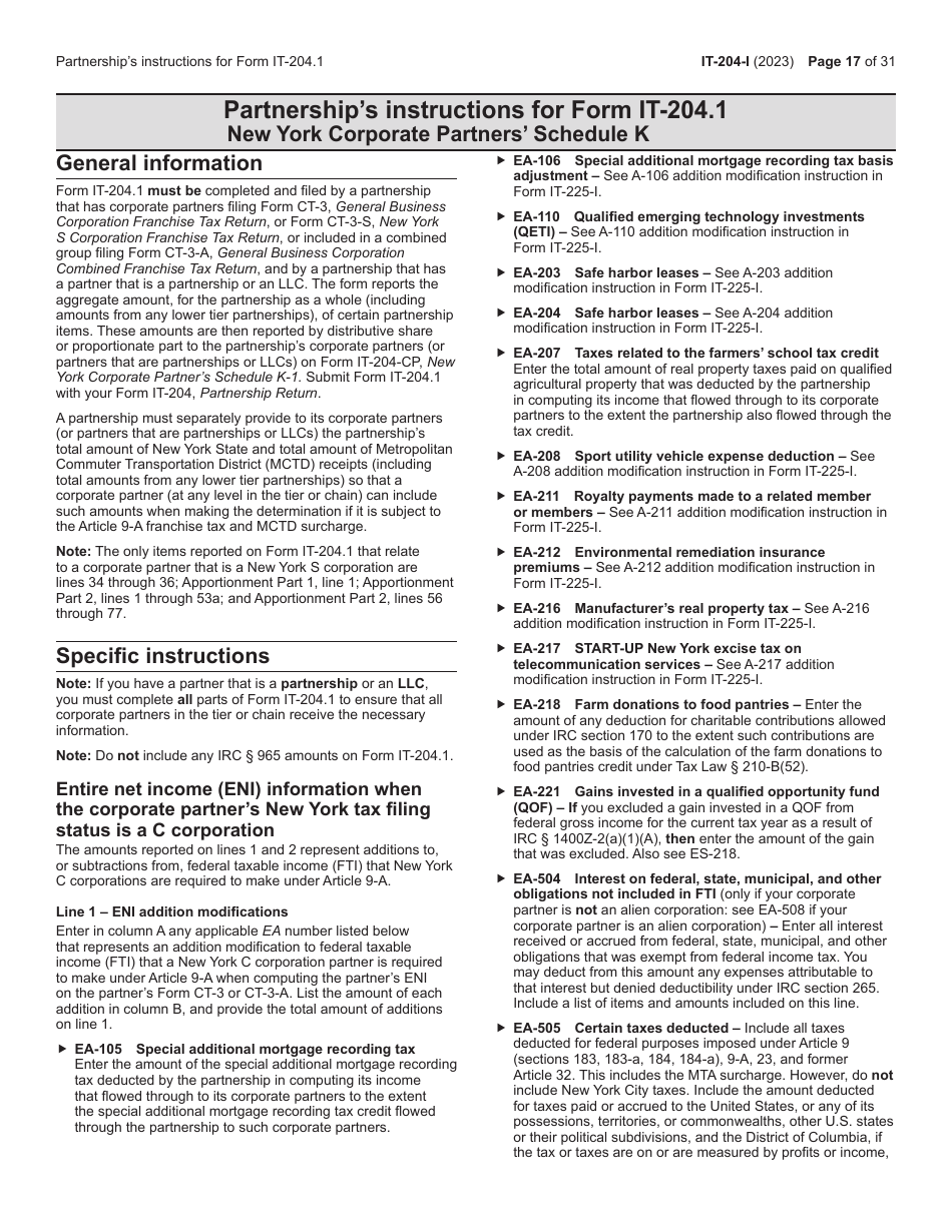 Instructions for Form IT-204, IT-204-IP, IT-204.1, IT-204-CP Schedule K-1 - New York, Page 17