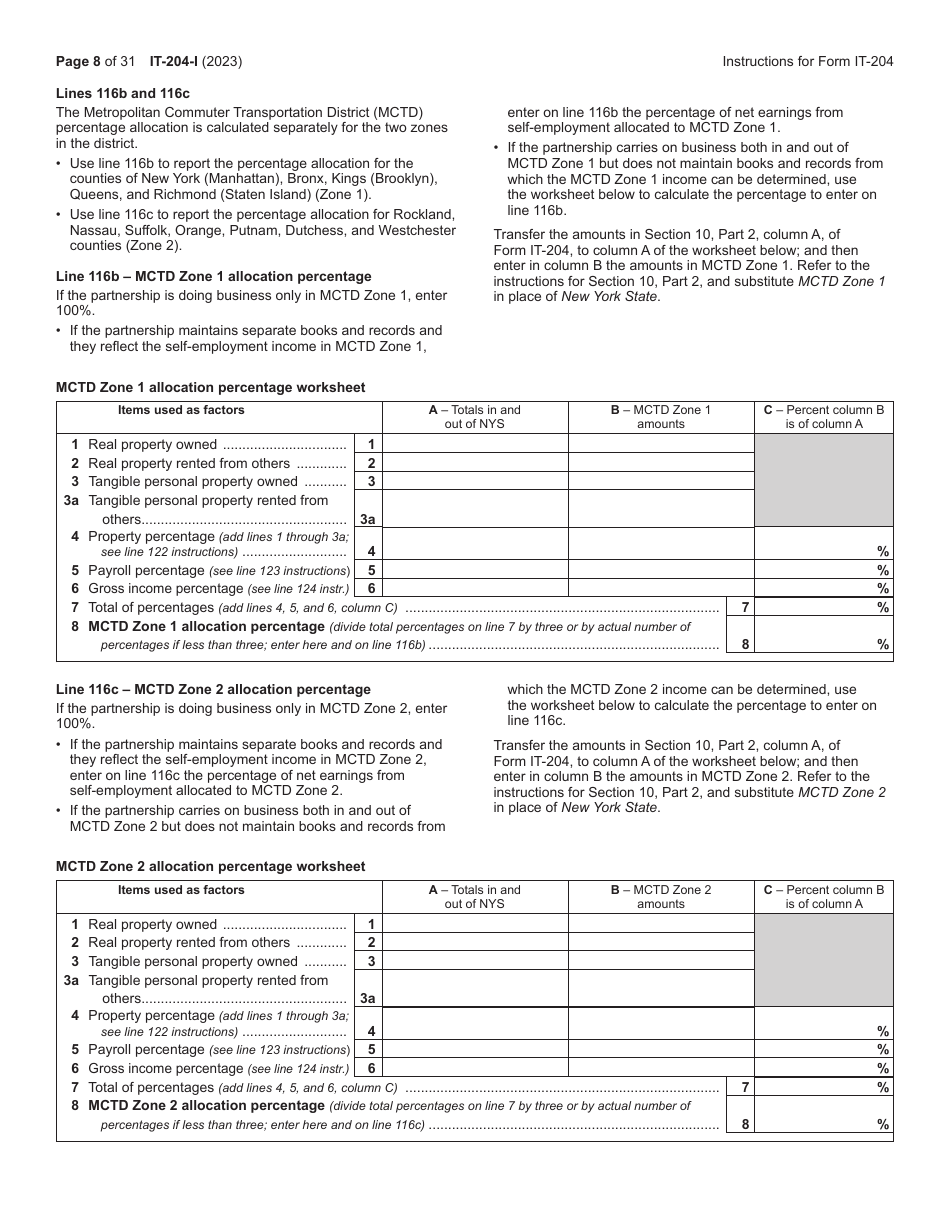 Instructions for Form IT-204, IT-204-IP, IT-204.1, IT-204-CP Schedule K-1 - New York, Page 8