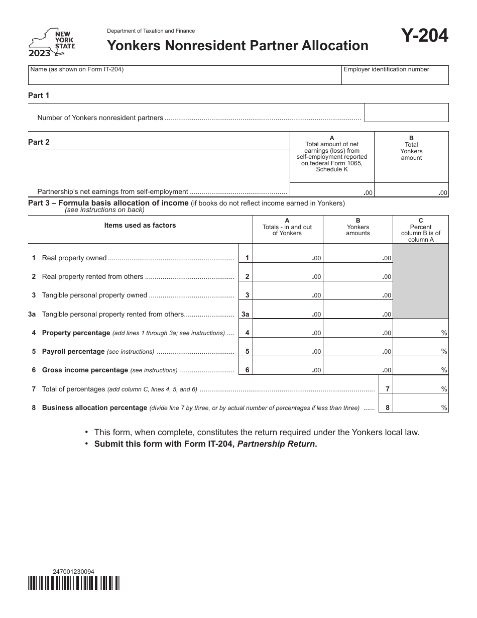 Form Y-204 Yonkers Nonresident Partner Allocation - New York, Page 1