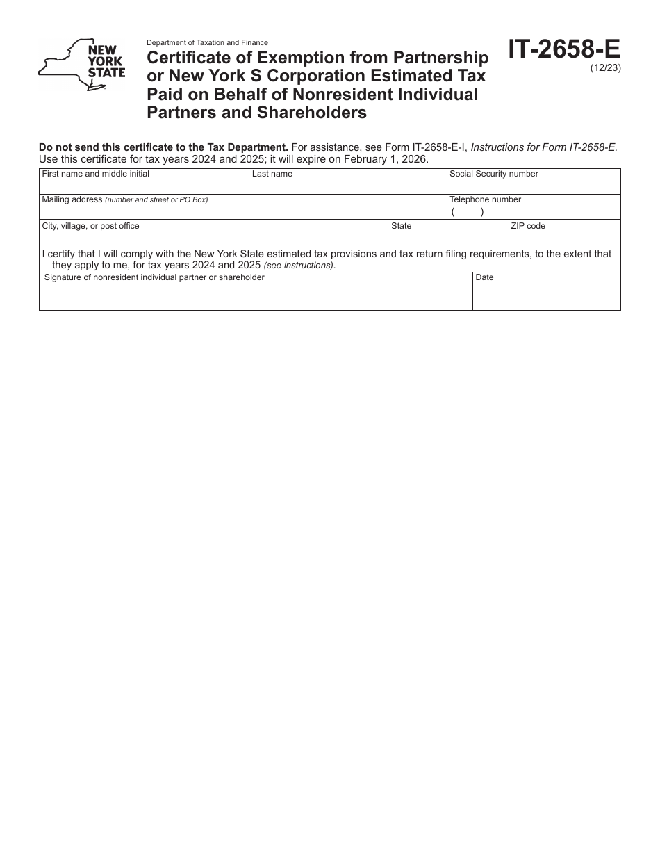 Form IT-2658-E Certificate of Exemption From Partnership or New York S Corporation Estimated Tax Paid on Behalf of Nonresident Individual Partners and Shareholders - New York, Page 1