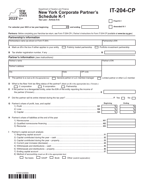 Form IT-204-CP Schedule K-1 2023 Printable Pdf