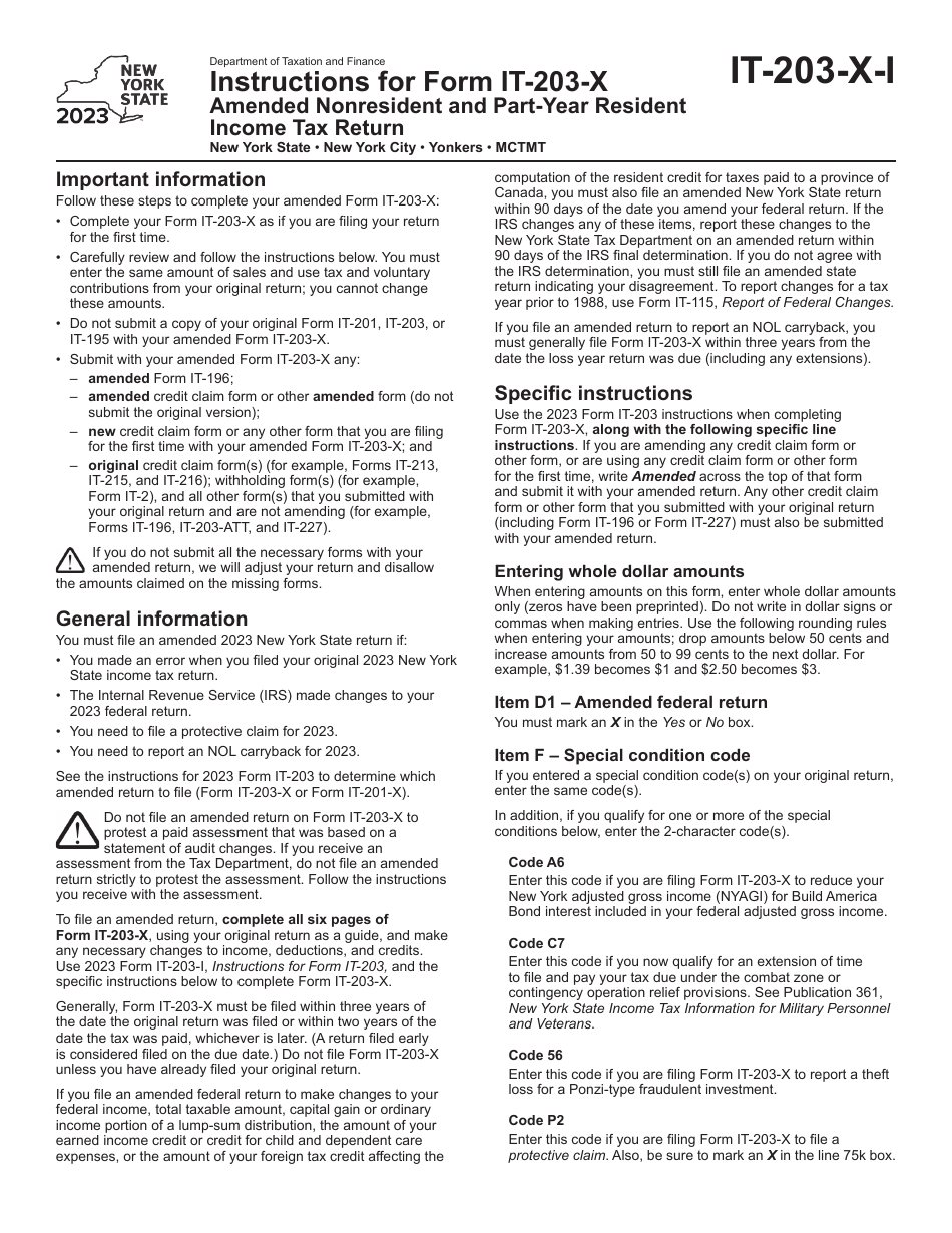 Instructions for Form IT-203-X Amended Nonresident and Part-Year Resident Income Tax Return - New York, Page 1