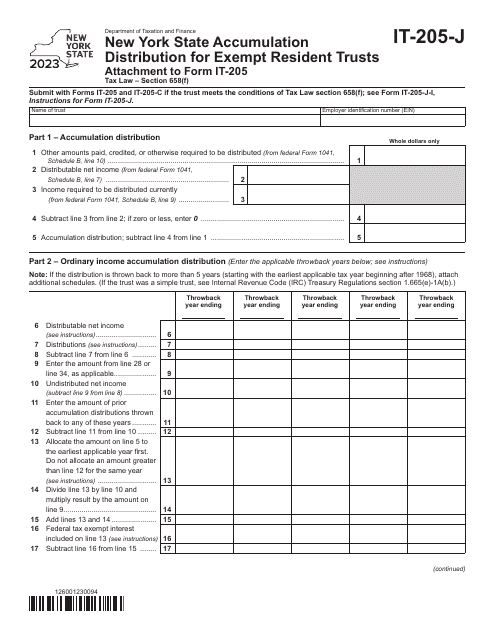 Form IT-205-J New York State Accumulation Distribution for Exempt Resident Trusts - New York, 2023