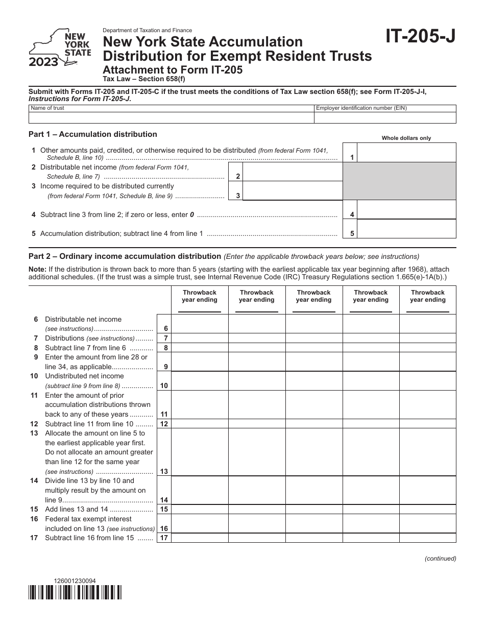 Form IT-205-J New York State Accumulation Distribution for Exempt Resident Trusts - New York, Page 1