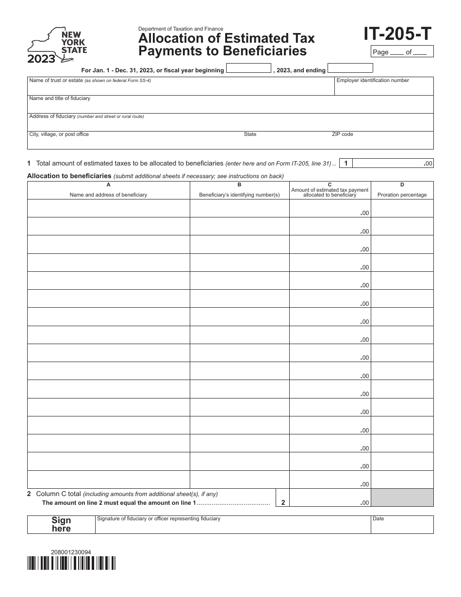 Form IT-205-T Allocation of Estimated Tax Payments to Beneficiaries - New York, Page 1