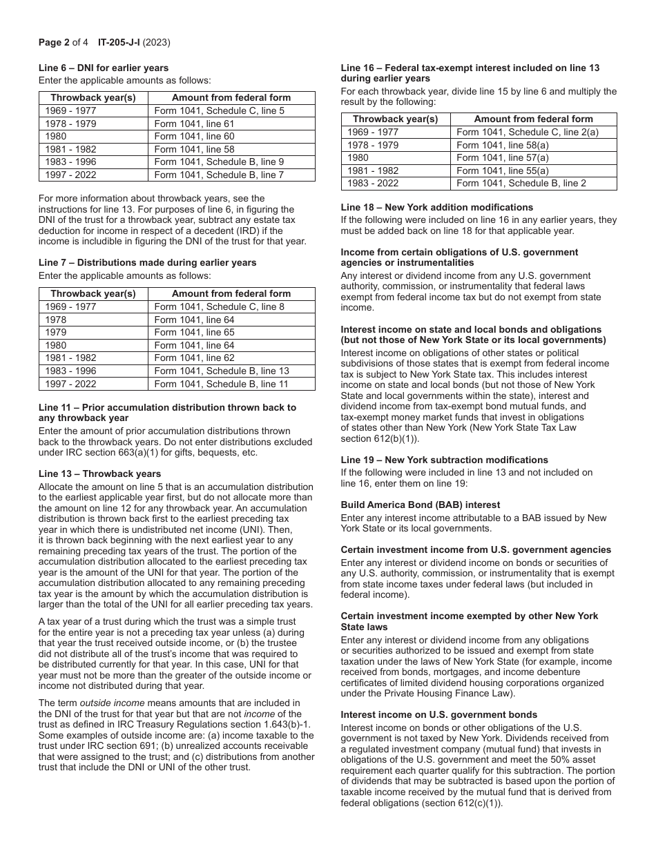 Instructions for Form IT-205-J New York State Accumulation Distribution for Exempt Resident Trusts - New York, Page 2