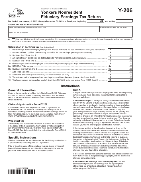 Form Y-206 Yonkers Nonresident Fiduciary Earnings Tax Return - New York, 2023