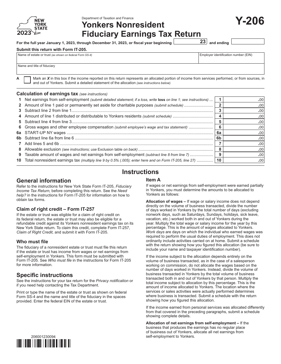 Form Y-206 Download Fillable PDF or Fill Online Yonkers Nonresident ...