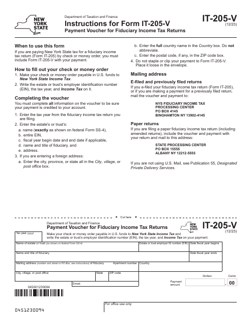 Form IT-205-V Payment Voucher for Fiduciary Income Tax Returns - New York