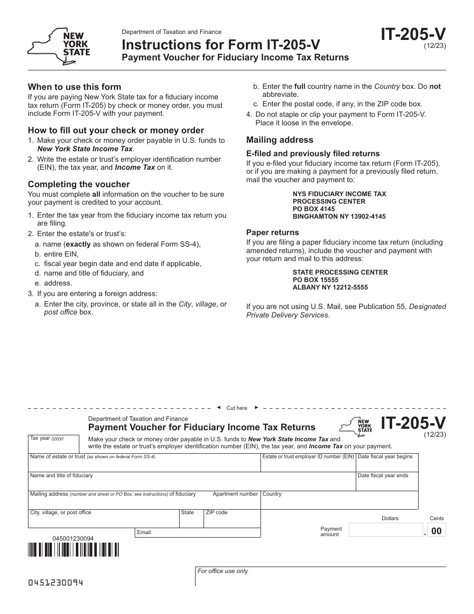 Form IT-205-V Payment Voucher for Fiduciary Income Tax Returns - New York, Page 1