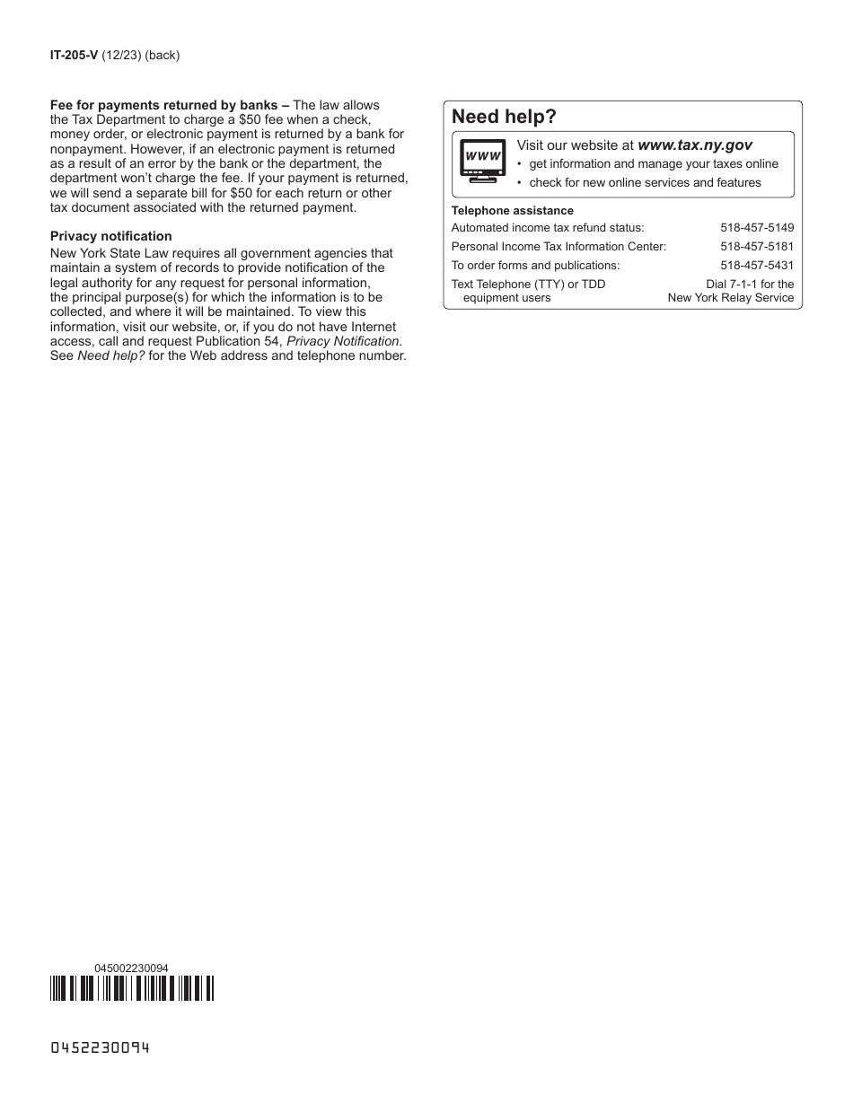Form IT-205-V Payment Voucher for Fiduciary Income Tax Returns - New York, Page 2